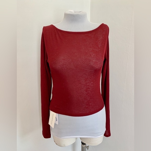 NWT COMMENSE red Cowl Neck knit top Red Stretch Ruched Minimal Sheer Sexy Med - Picture 8 of 10